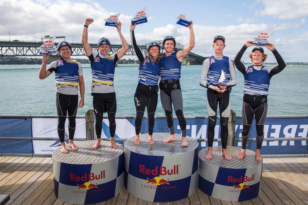 Trent Riplpley, Issac McHardie, Micah Wilkinson, Olivia Mackay,  Nick Egnot-Hohnson and Jack Rogers on teh podium at the Red Bull Foiling Generation in Auckland, New Zealand on March 6, 2016  © Red Bull Content Pool